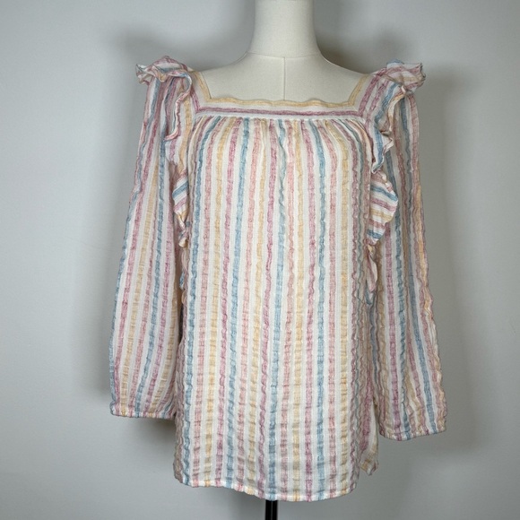CHAPS Square Neck Striped Peasant Blouse Cotton Linen Blend Women’s Size Medium - Picture 1 of 10